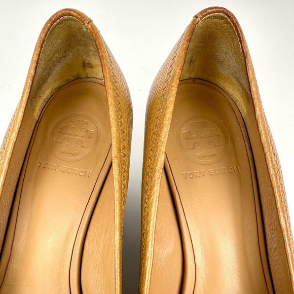 Tory Burch Sally Tumbled Leather Wedge Pump Royal Tan Brown Size 7.5 - Picture 8 of 13